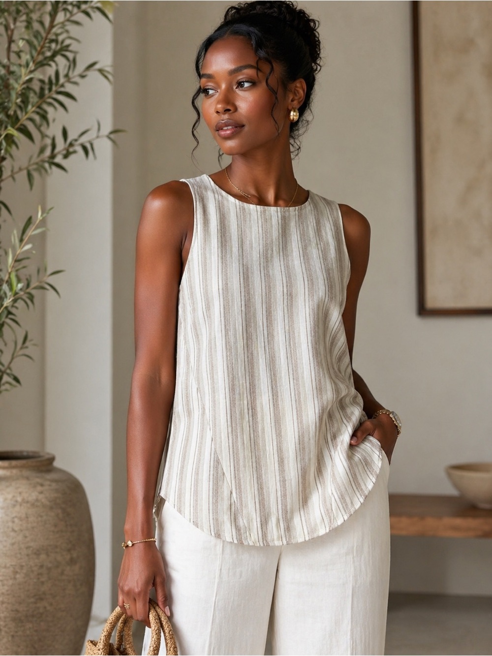 Simply Noelle Linen Blend Top Stripe Pearlized Back Button-Up Size S/M Coastal
